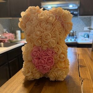 Cream Rose Bear Figurine with Pink Heart Accent